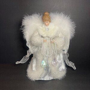 Vintage Porcelain White Feathered Wing Brunette Angel Christmas Tree Topper 12"
